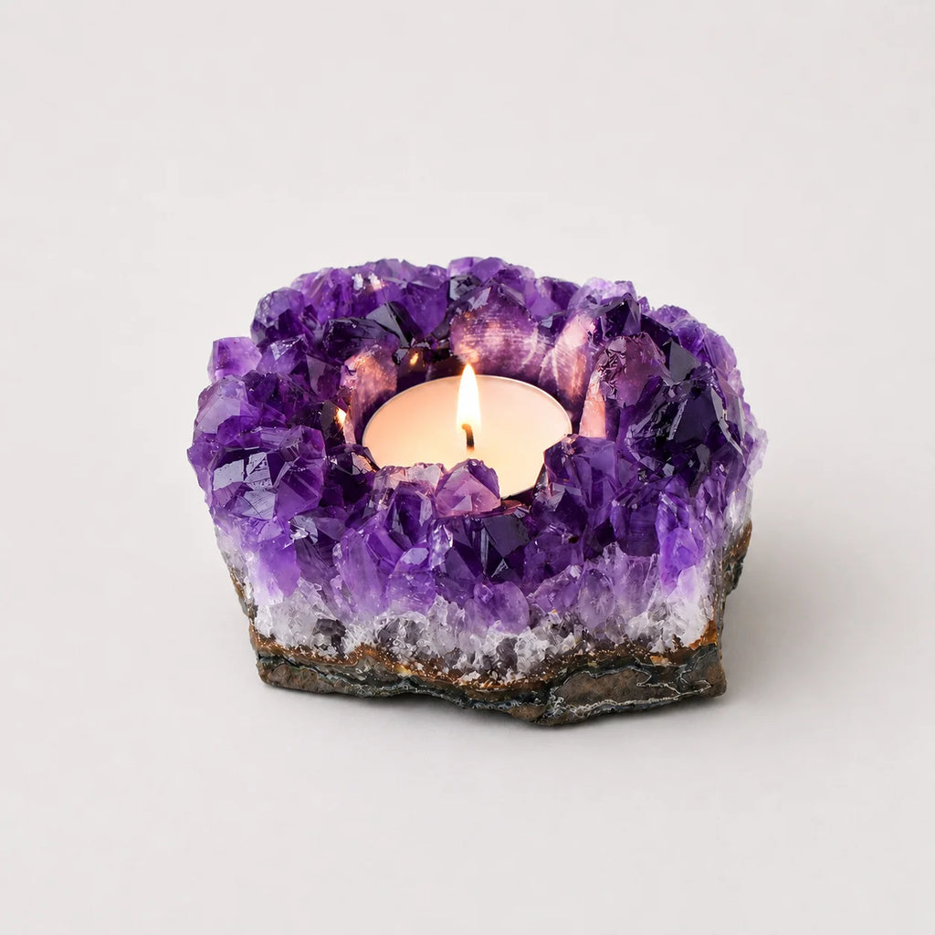 LumaStone natural amethyst cluster candle holder, unique crystal decor ornament for a warm glow.