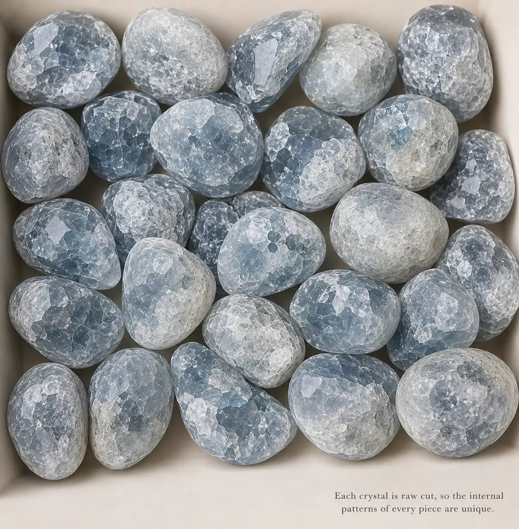 LumaStone cyan crystal geometric decor, several raw-cut natural mineral stone ornaments with unique patterns.