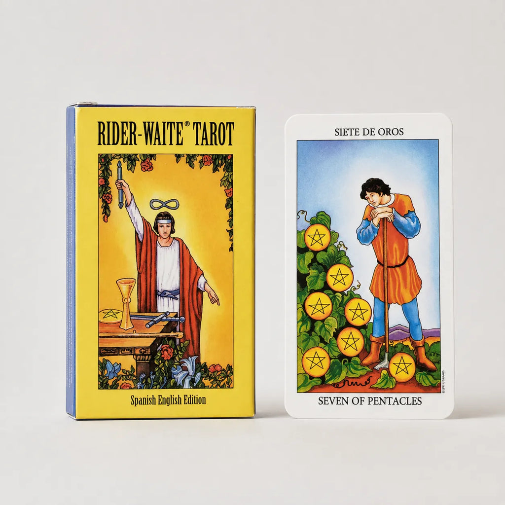 Moonveil Spanish Bilingual Knight Tarot, a blue 78-card divination deck for readings.