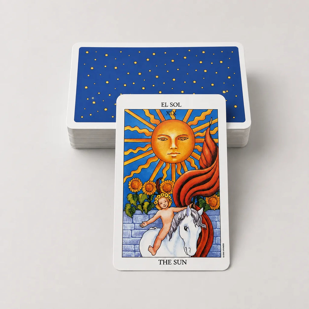 Moonveil Spanish Bilingual Knight Tarot deck, a blue 78-card divination deck with English and Spanish text.
