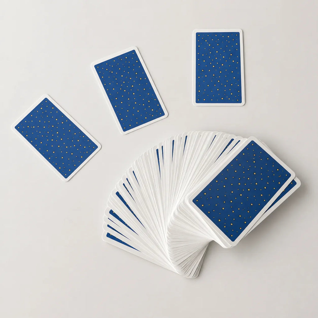 Moonveil Spanish Bilingual Knight Tarot deck, 78 blue divination cards for English speakers.