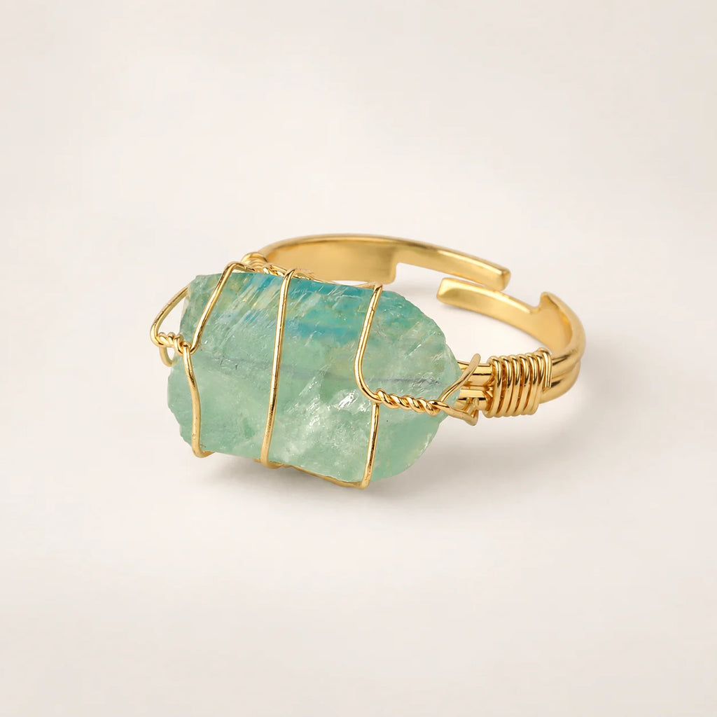 LumaStone green crystal ring with gold-toned wire wrapping