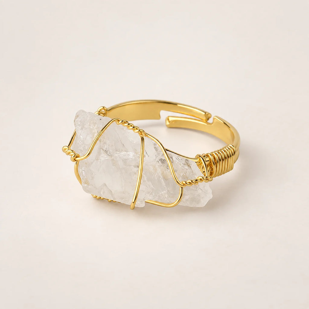 LumaStone white crystal ring with gold-toned wire wrapping