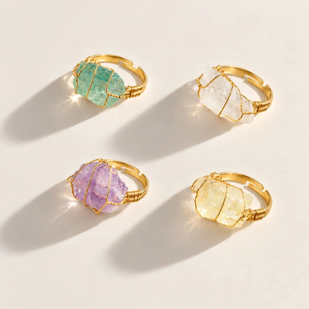 LumaStone crystal rings in green, white, purple and yellow