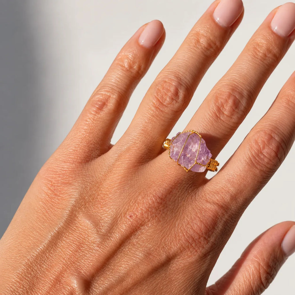 LumaStone white crystal ring with gold-toned wire wrapping