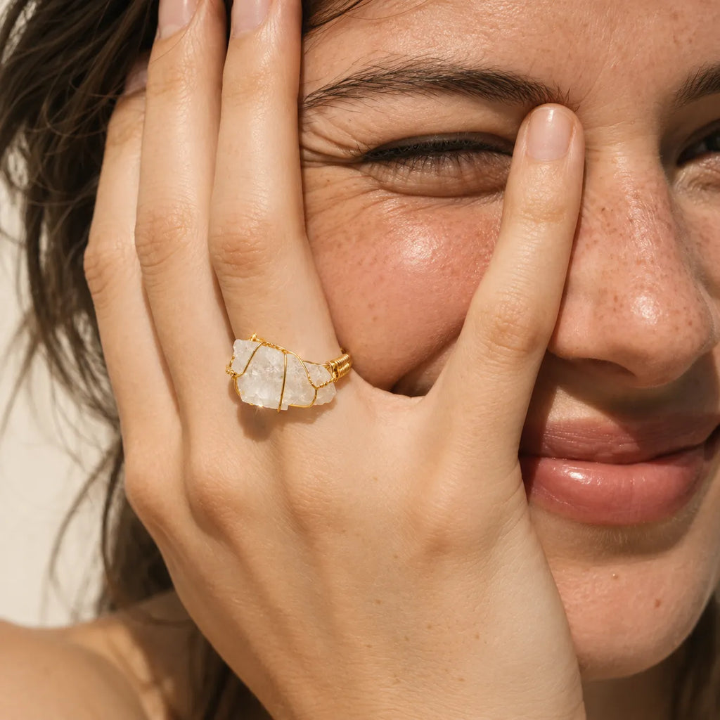 LumaStone white crystal ring with gold-toned wire wrapping