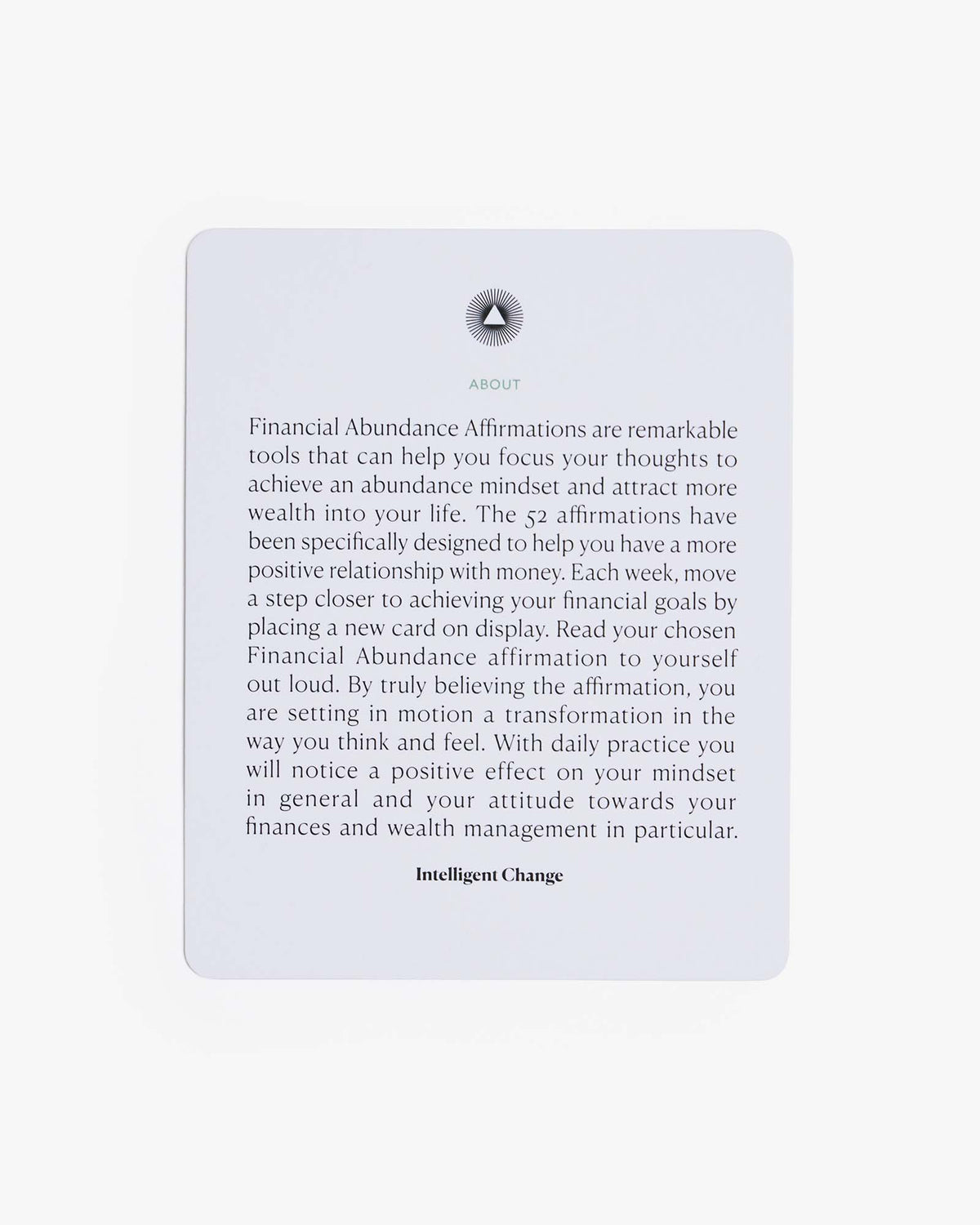 Reverse side of an Intelligent Change affirmation card showing about text.