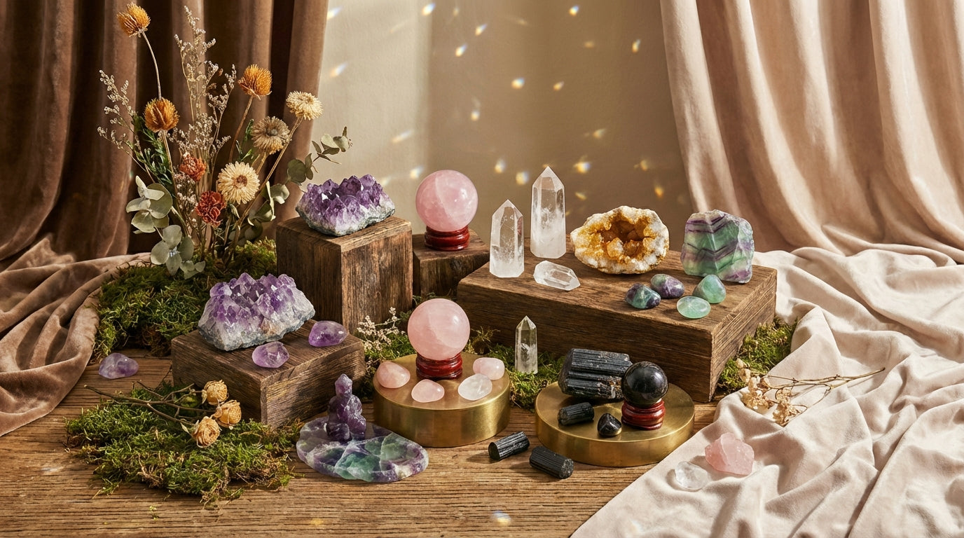 Crystals collection: polished raw amethyst, rose quartz, quartz points, geodes