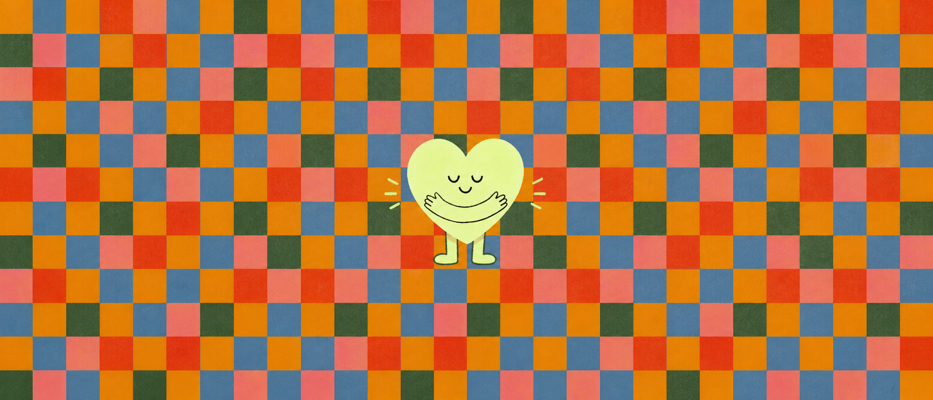 Cozy heart character on tiled background