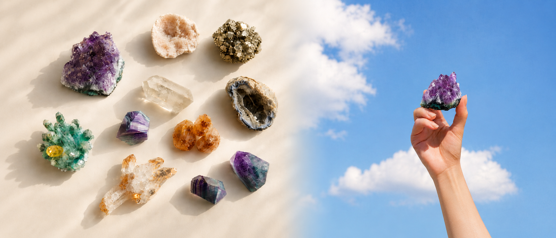 Collection of various crystals on a sandy surface with a clear blue sky and hand holding a crystal.