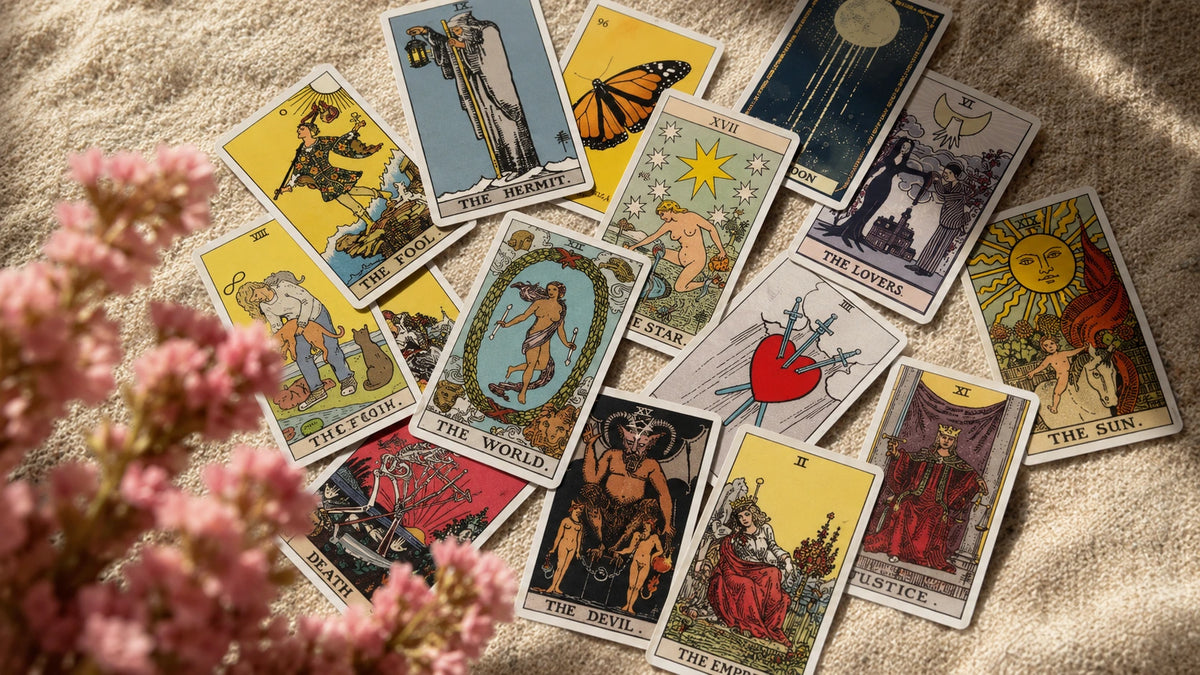 A spread of classic tarot cards arranged on a textured beige fabric background, with pink flowers in the foreground. The cards show various illustrated suits and symbols, including The Hanged Man, The Sun, The Devil, and The Lovers.