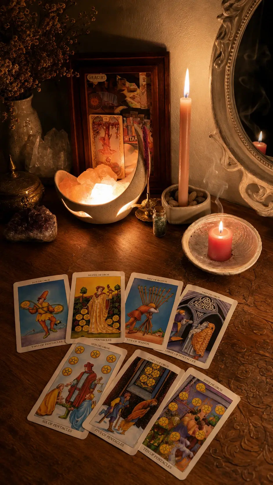 A set of tarot cards arranged on a wooden table in a warmly lit, mystical setting with candles, crystals, and a mirror.