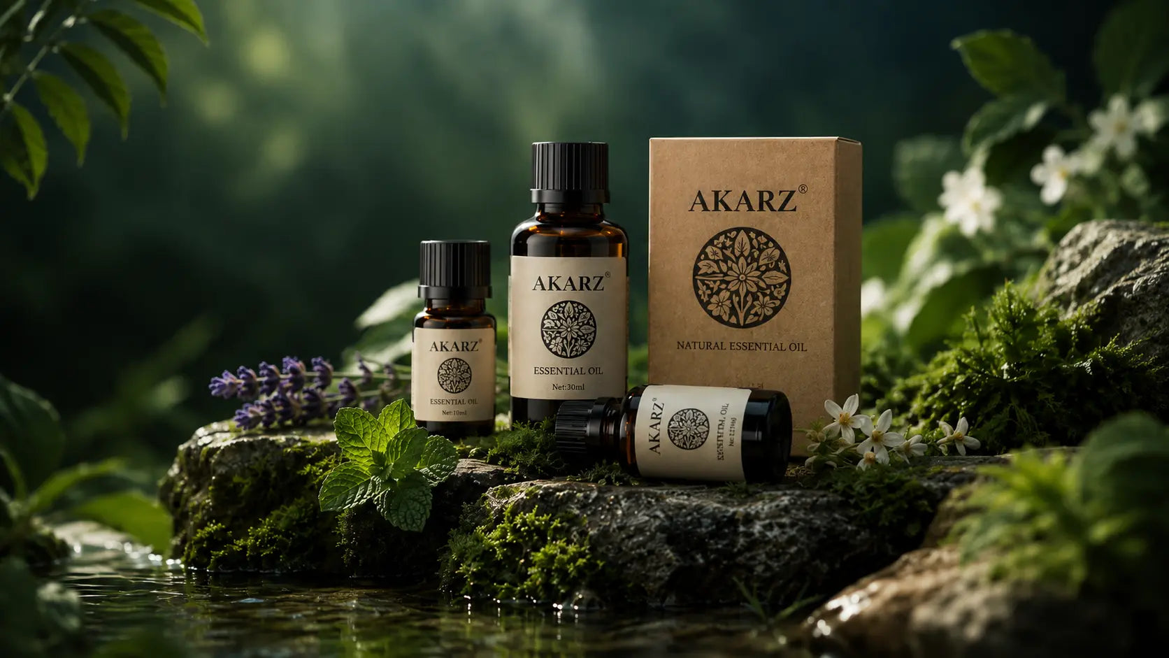 Three amber glass bottles and a kraft paper box of AKARZ essential oils arranged on mossy rocks beside a stream, with green foliage and small white flowers in a natural outdoor setting.