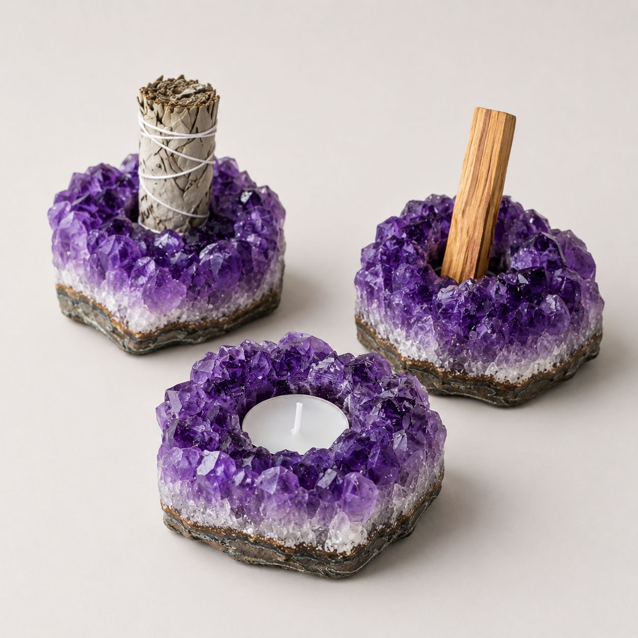 Three purple amethyst geode holders arranged on a soft neutral background, featuring one with a white tealight candle, one with a sage bundle, and one with a palo santo wood stick.
