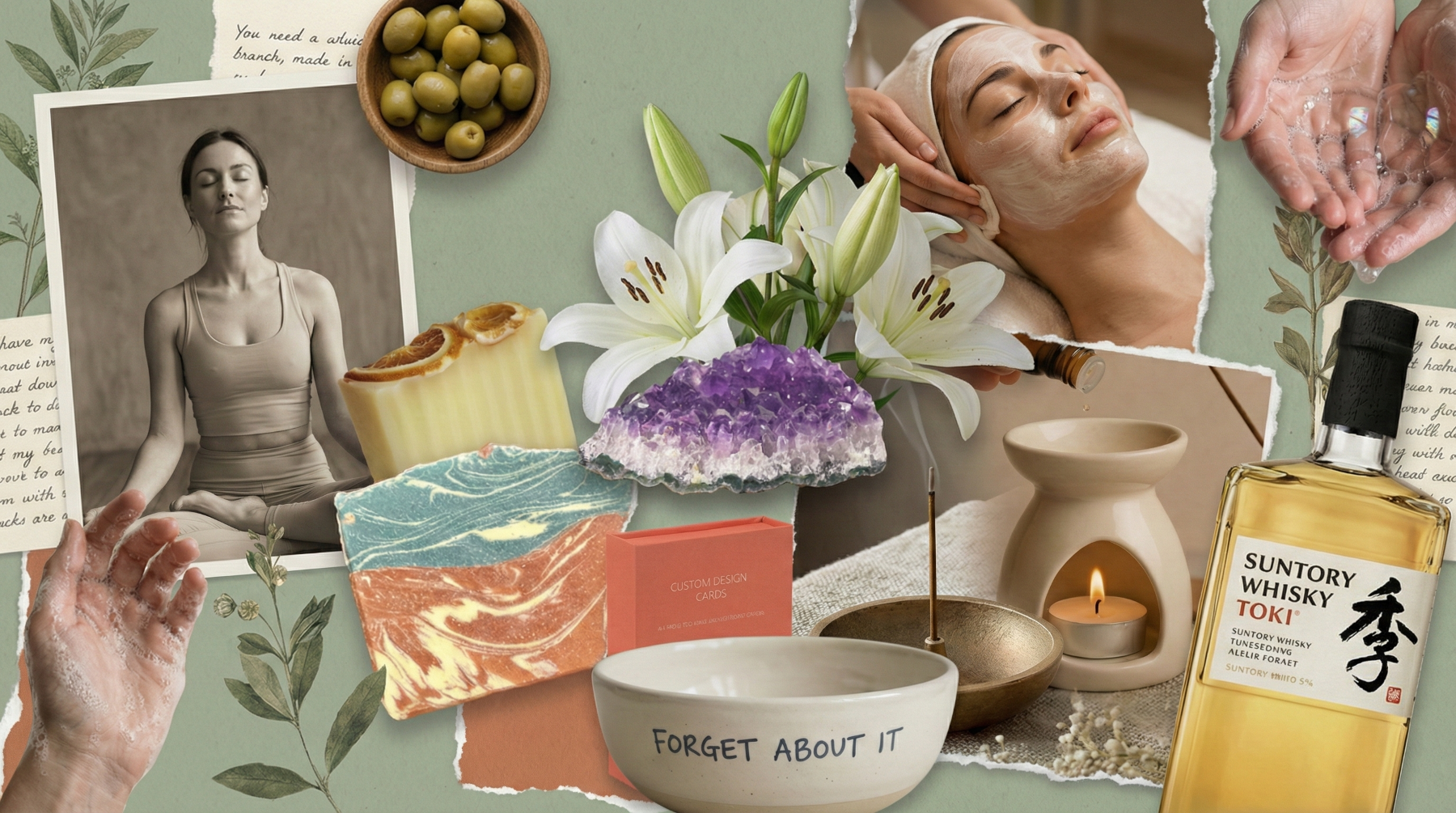 Collage of holistic wellness products and self-care rituals including healing crystals, handmade soap, essential oil, incense burner, candle, affirmation cards and a woman meditating and receiving facial treatment.