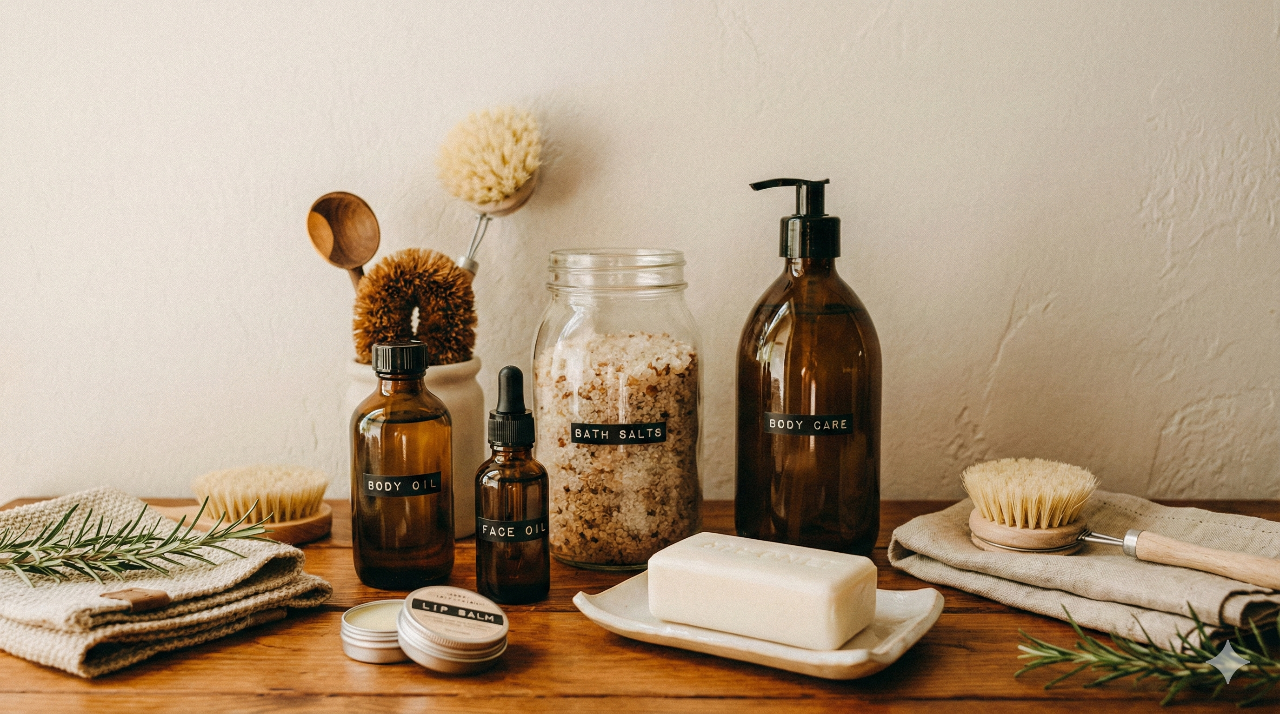 A minimalist collection of natural apothecary products including amber glass body oil, face oil, bath salts, and handmade bar soap arranged for a sustainable self-care ritual.