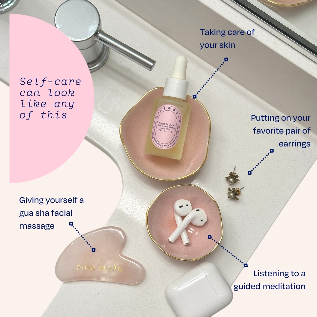 A self-care infographic featuring Pink Moon rose quartz gua sha tool, facial oil, and earrings on a bathroom counter for a mindful morning routine.