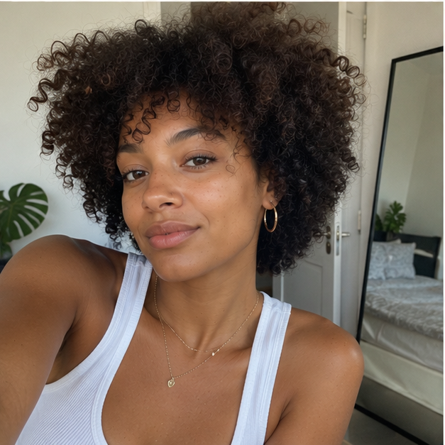 A woman with voluminous dark brown curly hair wearing a white ribbed tank top, gold hoop earrings, and delicate gold necklaces, posing in a brightly lit bedroom with a large mirror in the background.
