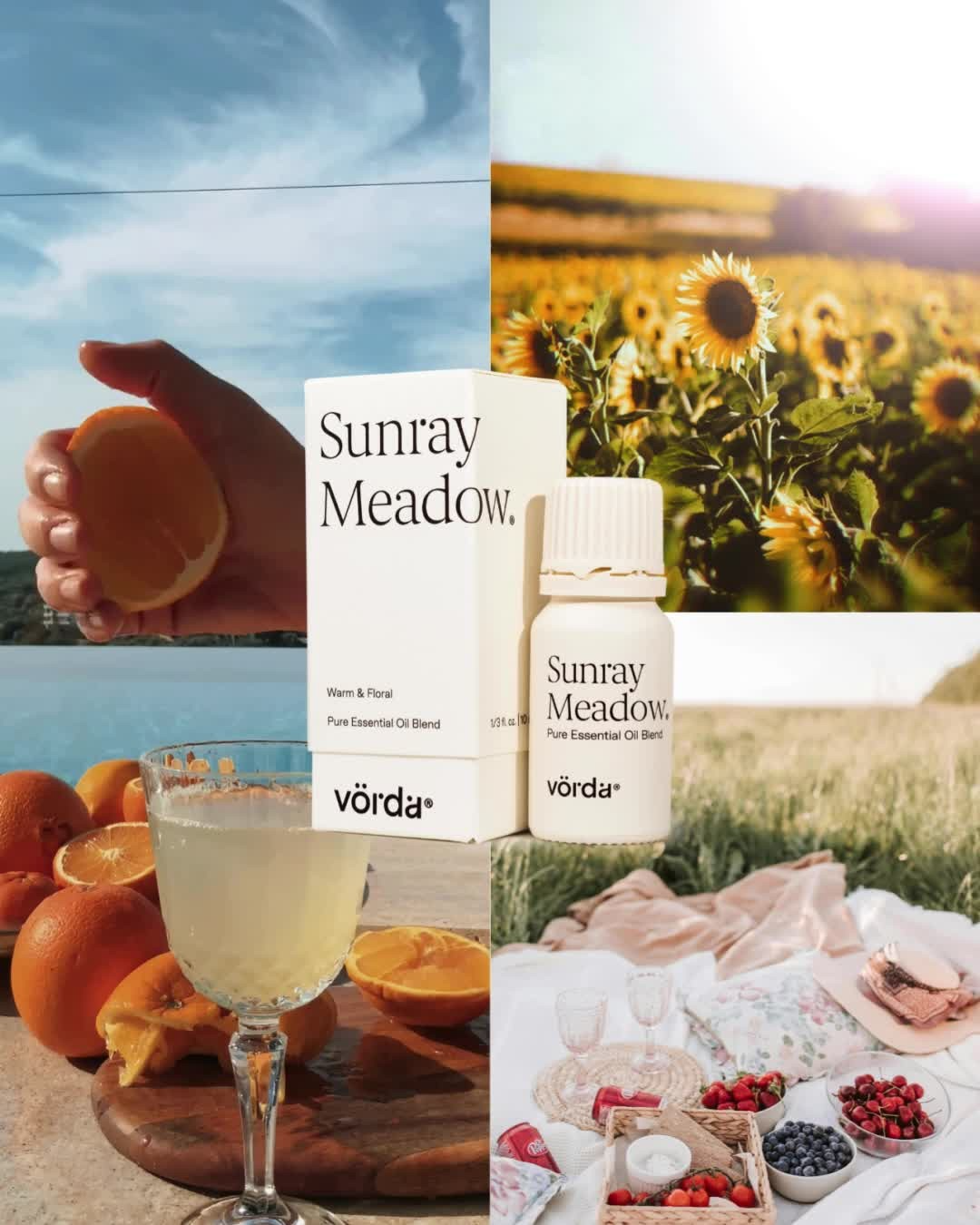 Vorda Sunray Meadow pure essential oil blend bottle and packaging displayed over a summer picnic scene with sunflowers and fresh citrus for a warm and floral aromatherapy experience.